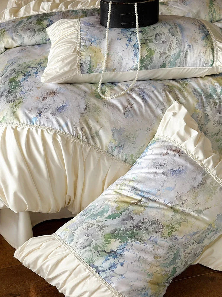 Duvet Cover Set Satin Watercolor Floral Ruffles Concealed Zipper