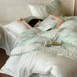 Duvet Cover Set Satin Watercolor Leaf Print Ruffle Trim
