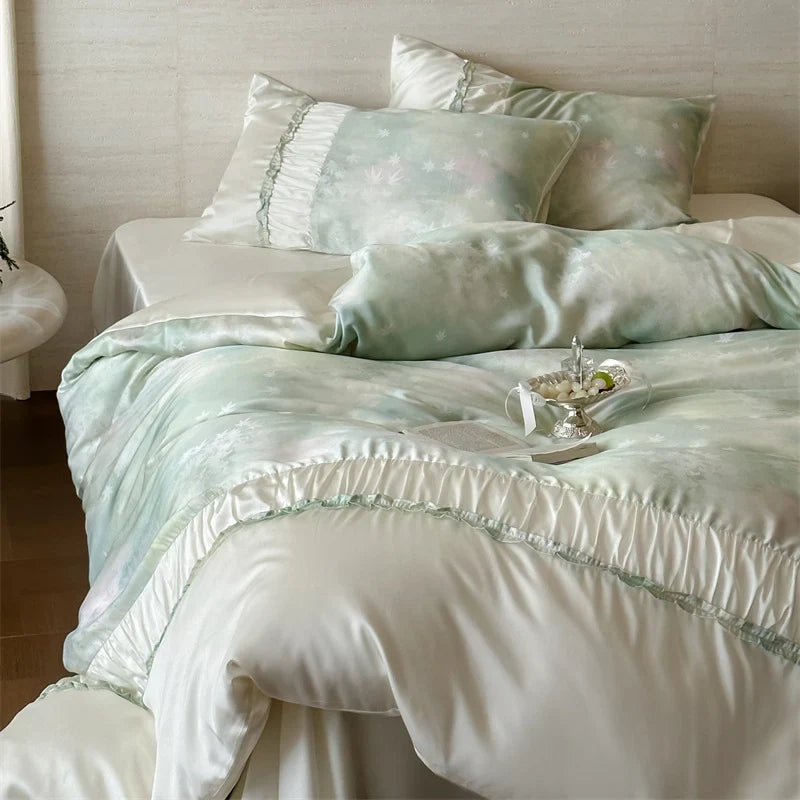 Duvet Cover Set Satin Watercolor Leaf Print Ruffle Trim