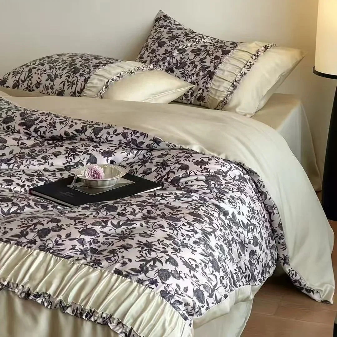 Duvet Cover Set Satin Watercolor Leaf Print Ruffle Trim
