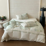 Duvet Cover Set Satin Watercolor Leaf Print Ruffle Trim