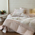 Duvet Cover Set Satin Watercolor Leaf Print Ruffle Trim