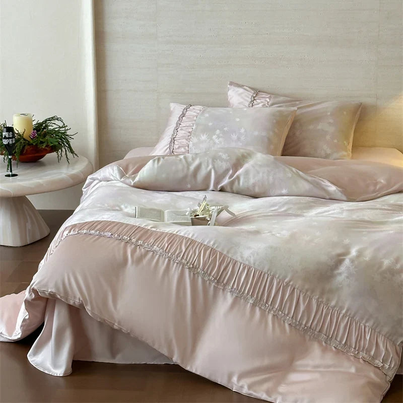 Duvet Cover Set Satin Watercolor Leaf Print Ruffle Trim