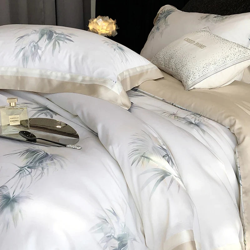 Duvet Cover Set Silky Cotton Satin Leaf Print