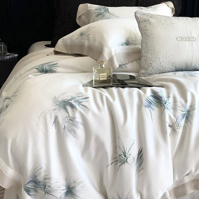 Duvet Cover Set Silky Cotton Satin Leaf Print