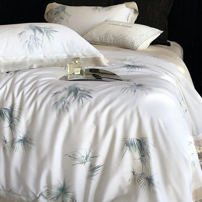 Duvet Cover Set Silky Cotton Satin Leaf Print