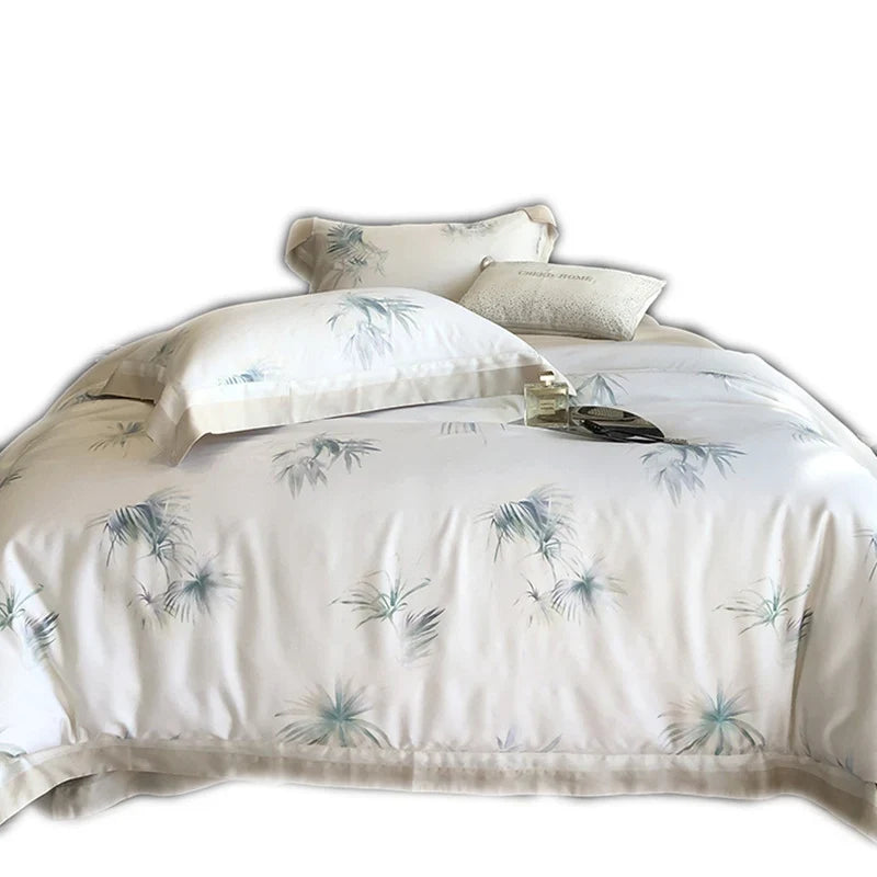 Duvet Cover Set Silky Cotton Satin Leaf Print