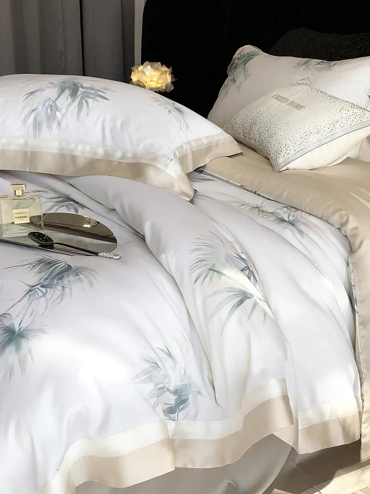 Duvet Cover Set Silky Cotton Satin Leaf Print