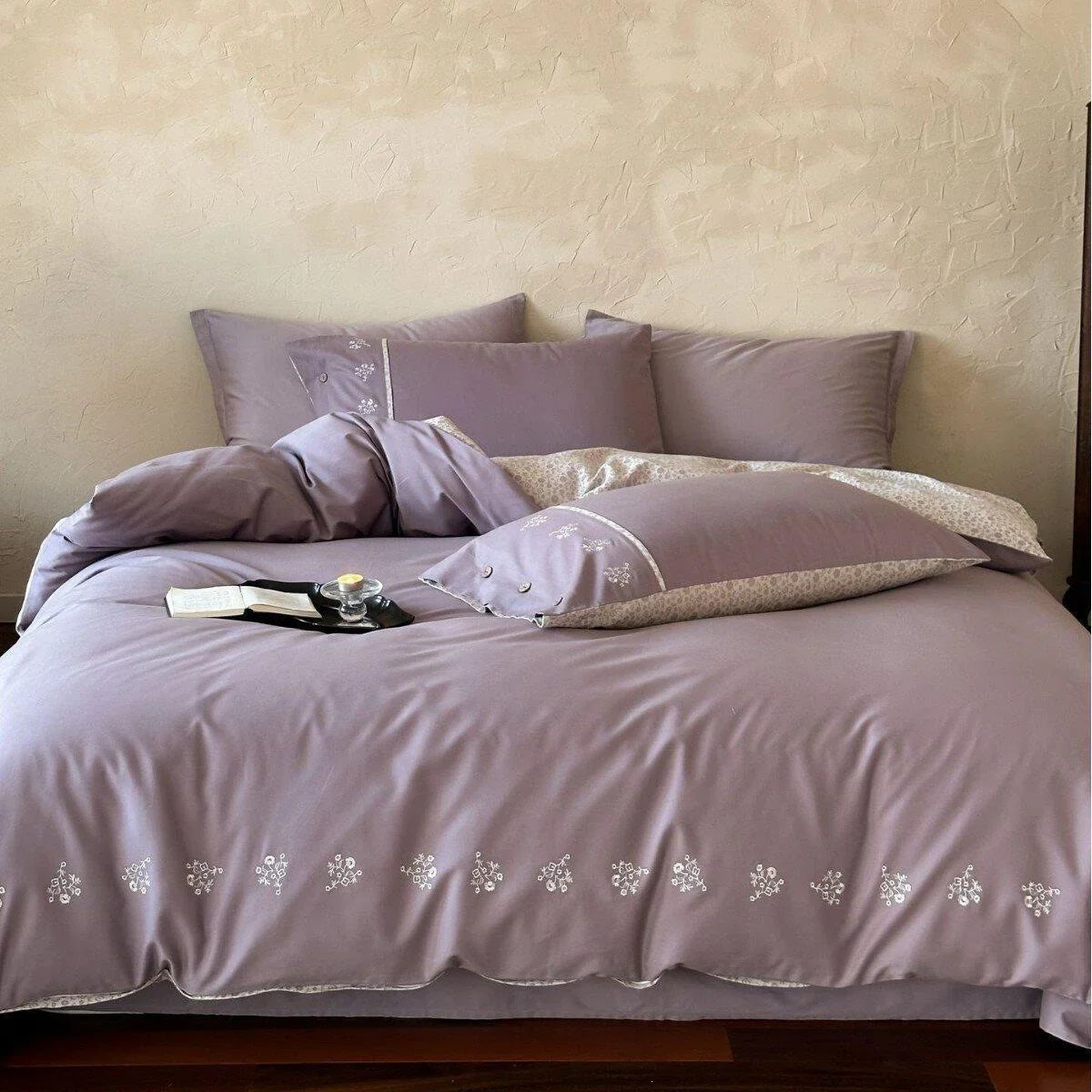 Duvet Cover Set Silky Mako Satin Leaf Embroidery