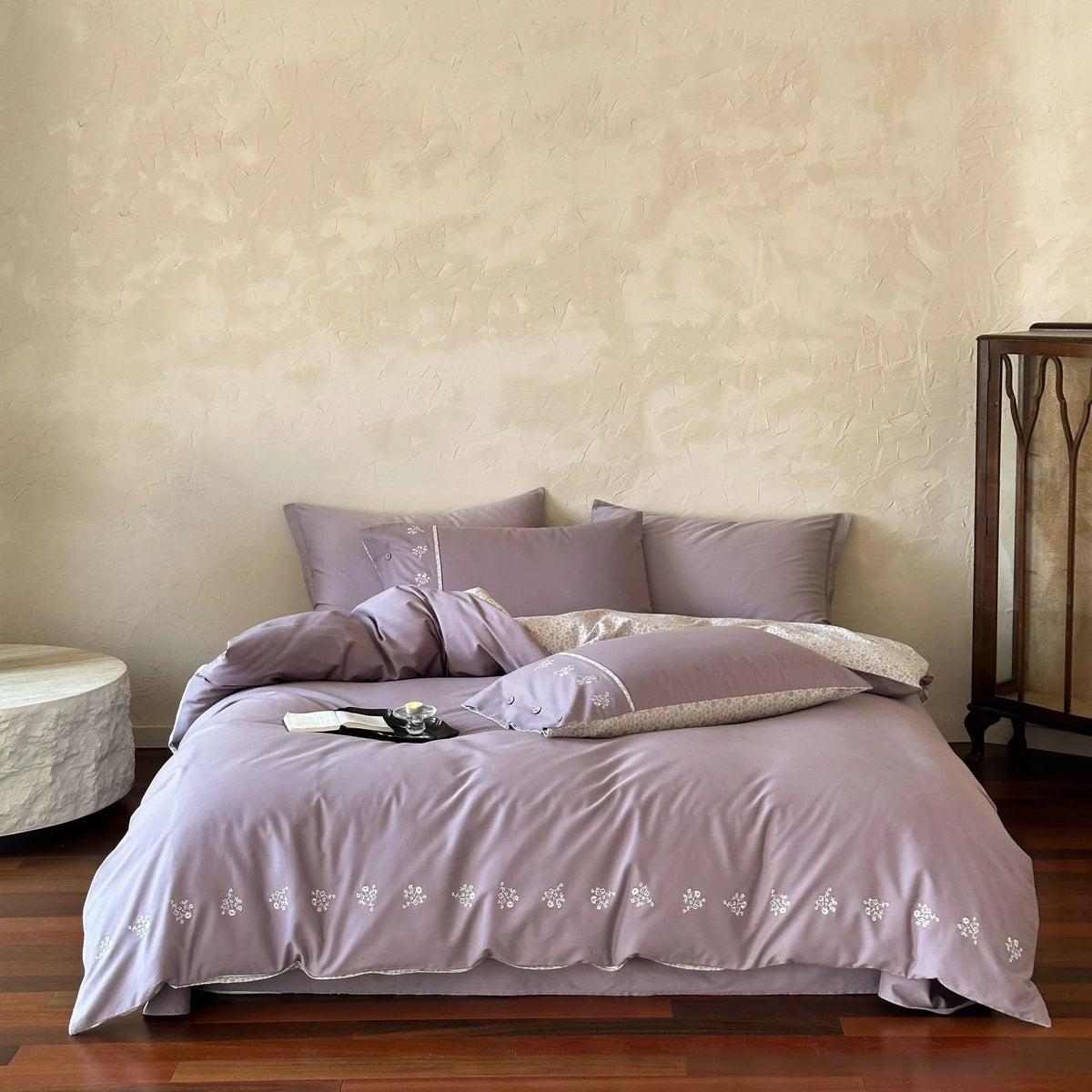 Duvet Cover Set Silky Mako Satin Leaf Embroidery