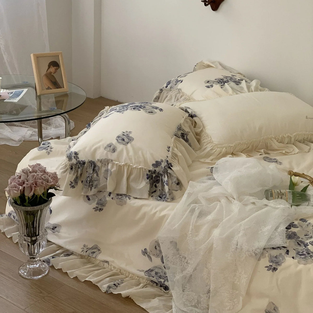 Duvet Cover Set Silky-Matte Cotton Satin Ruffled Trim