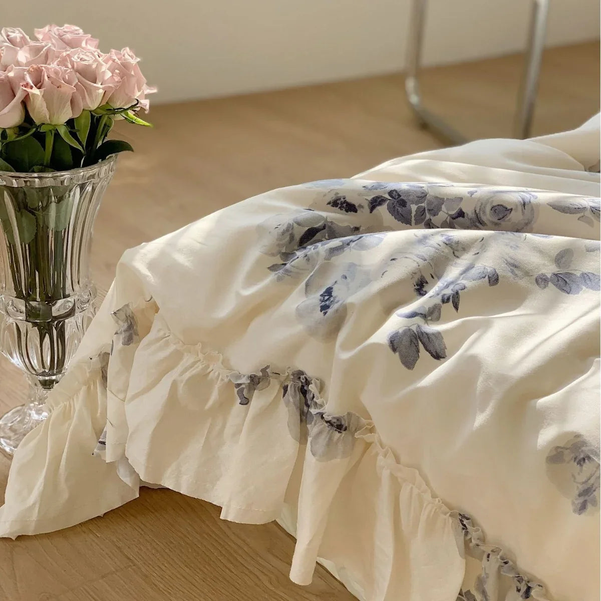 Duvet Cover Set Silky-Matte Cotton Satin Ruffled Trim