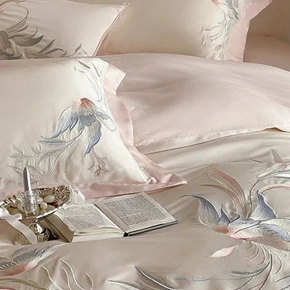 Duvet Cover Set Silky Satin Embroidered Floral 4-Piece