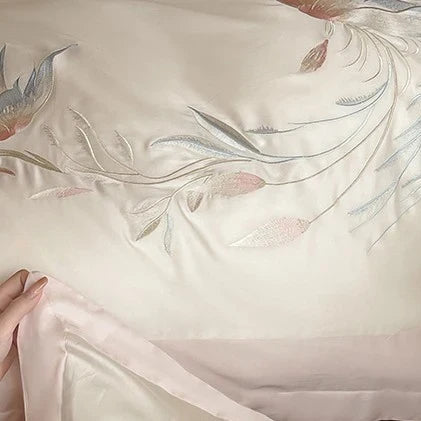 Duvet Cover Set Silky Satin Embroidered Floral 4-Piece