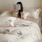 Duvet Cover Set Silky Satin Embroidered Floral 4-Piece