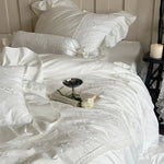 Duvet Cover Set Silky Satin Embroidered Lace Trim 4-Piece