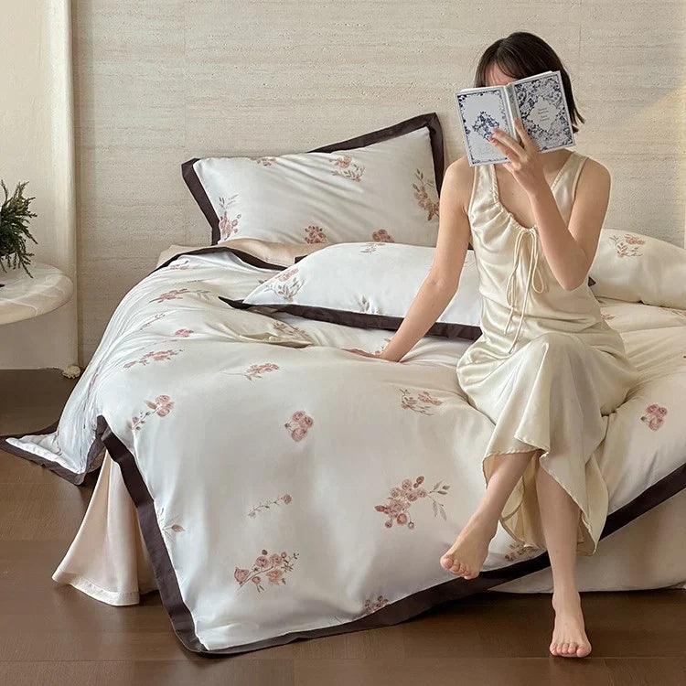 Duvet Cover Set Silky Satin Embroidered Piping 4-Piece