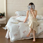 Duvet Cover Set Silky Satin Embroidered Piping 4-Piece