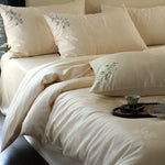 Duvet Cover Set Silky Satin Floral Embroidery
