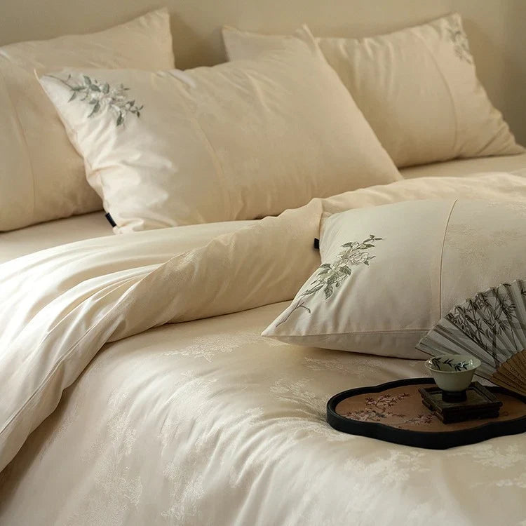 Duvet Cover Set Silky Satin Floral Embroidery