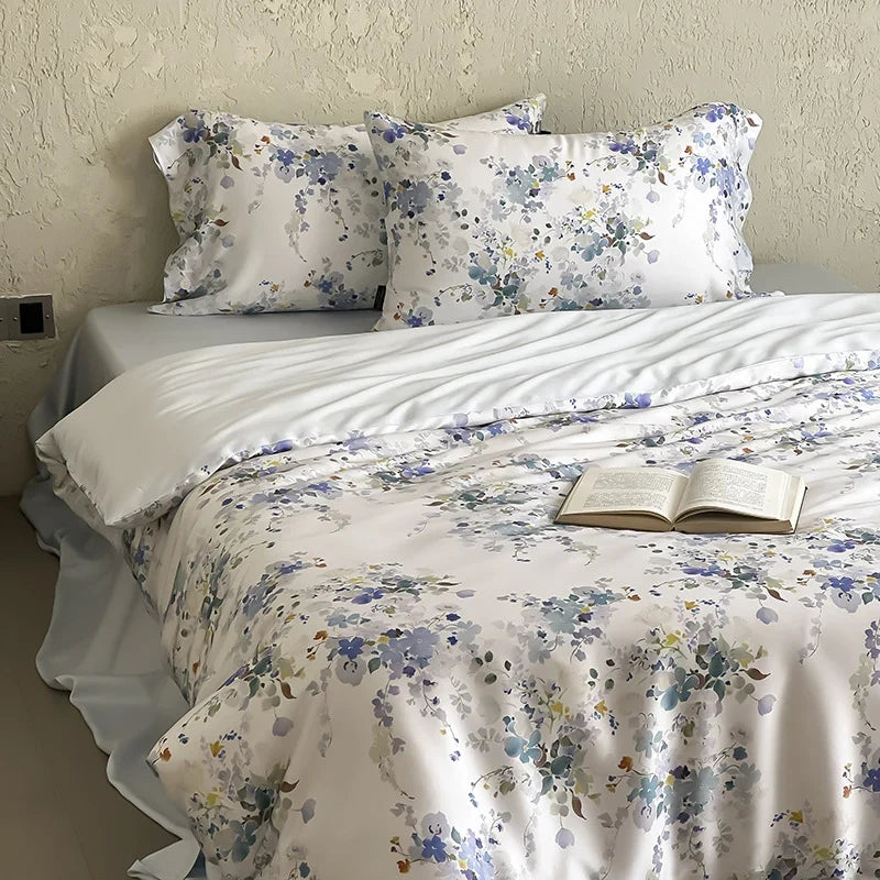 Duvet Cover Set Silky Satin Floral Watercolor Machine Washable