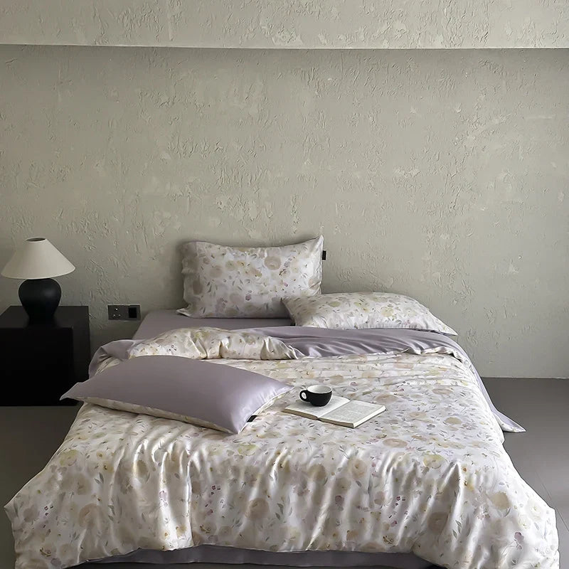 Duvet Cover Set Silky Satin Floral Watercolor Machine Washable
