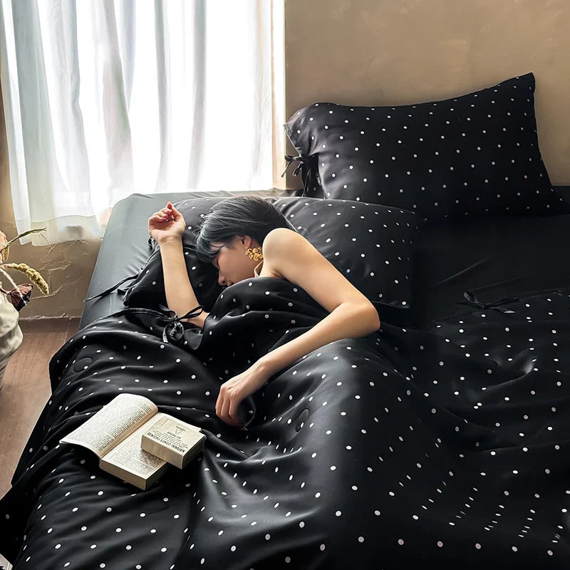 Duvet Cover Set Silky Satin Polka Dot Concealed Zipper