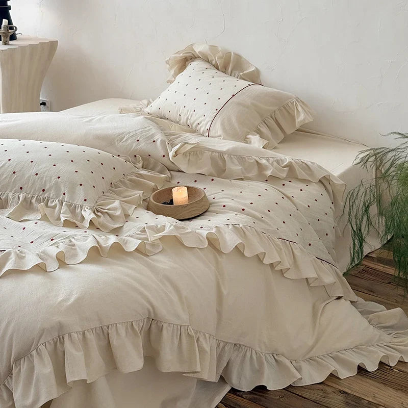 Duvet Cover Set Stonewashed Cotton Embroidered Dots & Ruffle