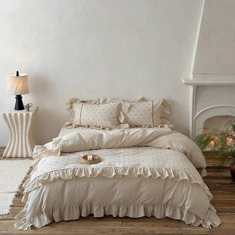 Duvet Cover Set Stonewashed Cotton Embroidered Dots & Ruffle