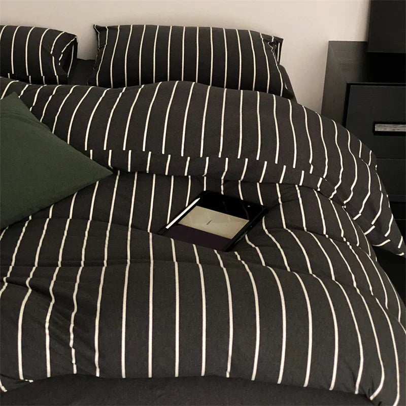 Duvet Cover Set Striped Cotton Percale Concealed Zipper