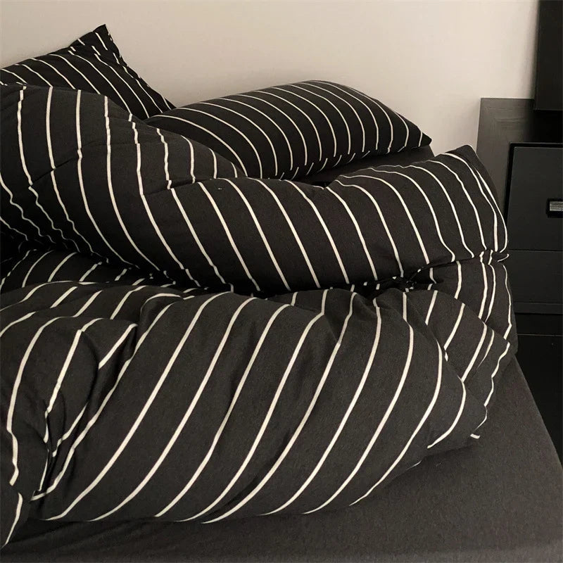 Duvet Cover Set Striped Cotton Percale Concealed Zipper