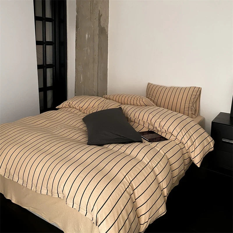 Duvet Cover Set Striped Cotton Percale Concealed Zipper