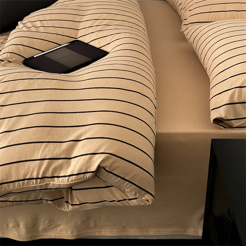 Duvet Cover Set Striped Cotton Percale Concealed Zipper