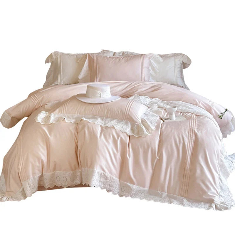 Duvet Cover Set Tencel Cotton Satin Embroidered Lace & Frills