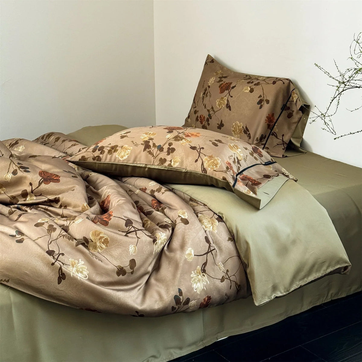 Duvet Cover Set Toile Floral Cotton Satin 4-Piece