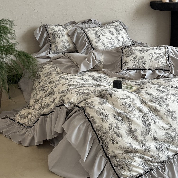 Duvet Cover Set Toile-de-Jouy Ruffle Cotton Blend
