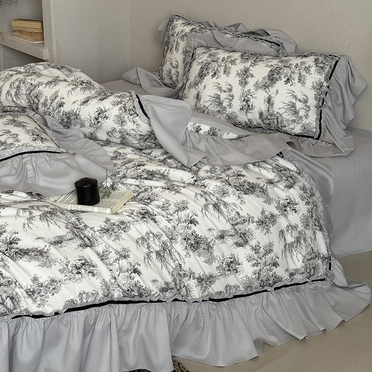 Duvet Cover Set Toile-de-Jouy Ruffle Cotton Blend