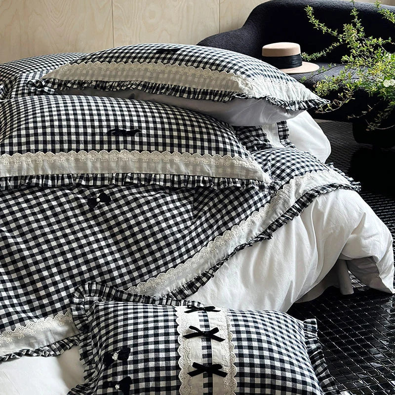 Duvet Cover Set Vichy Check Ruffle & Embroidery
