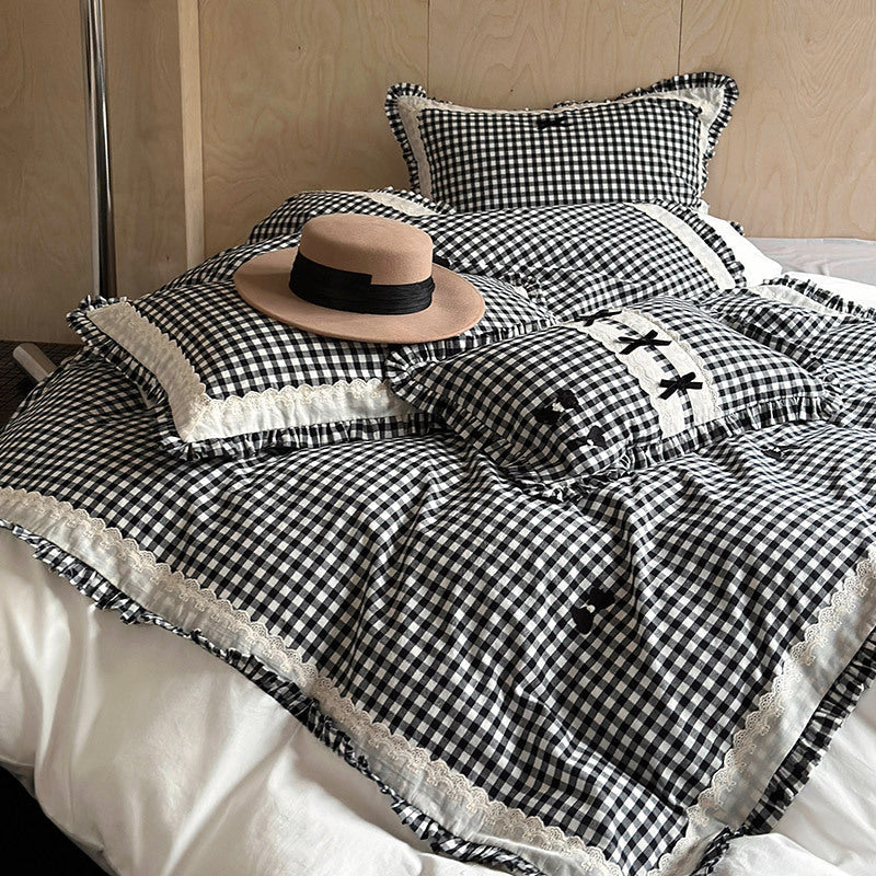 Duvet Cover Set Vichy Check Ruffle & Embroidery
