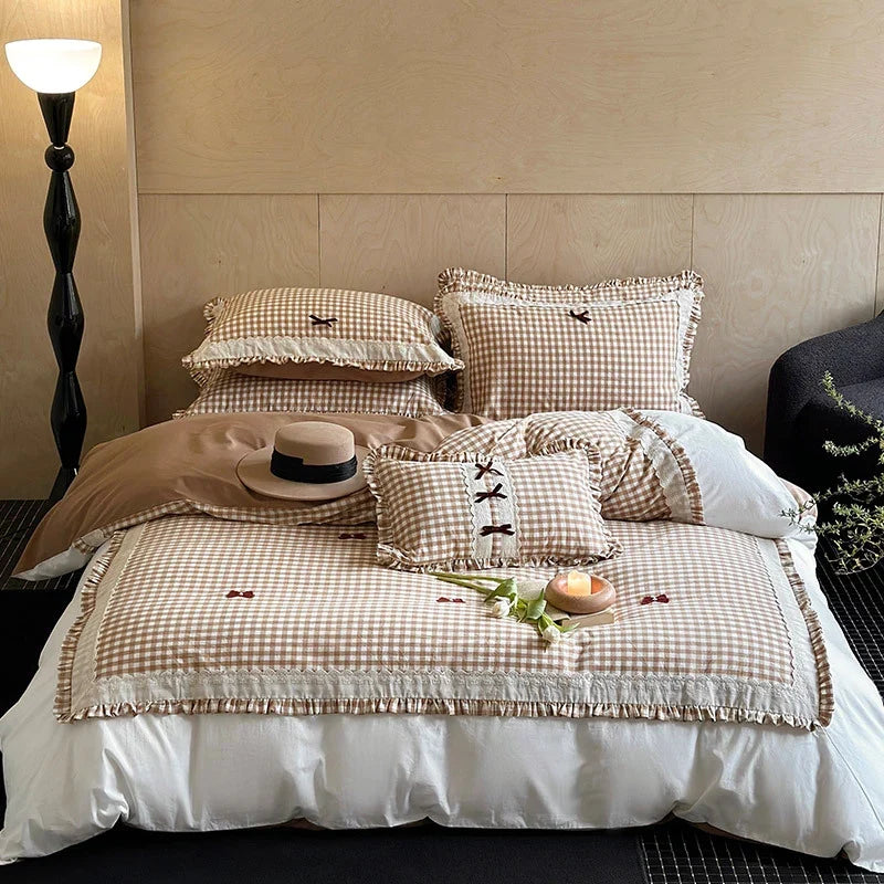 Duvet Cover Set Vichy Check Ruffle & Embroidery