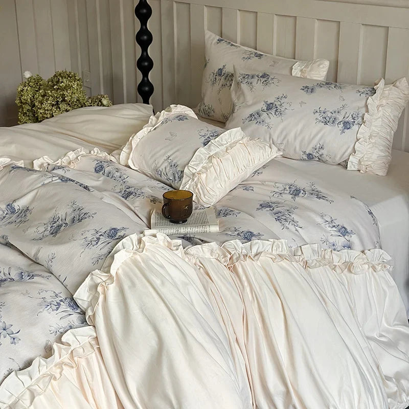 Duvet Cover Set Vintage Floral Ruffled Cotton 4 Piece