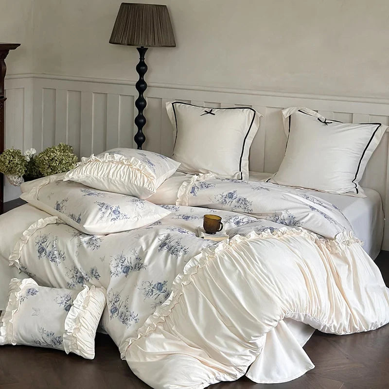 Duvet Cover Set Vintage Floral Ruffled Cotton 4 Piece