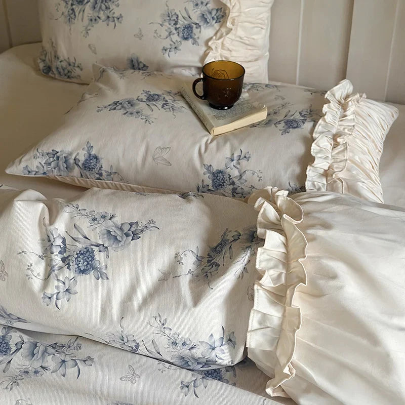 Duvet Cover Set Vintage Floral Ruffled Cotton 4 Piece