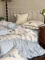 Duvet Cover Set Vintage Floral Ruffled Cotton 4 Piece