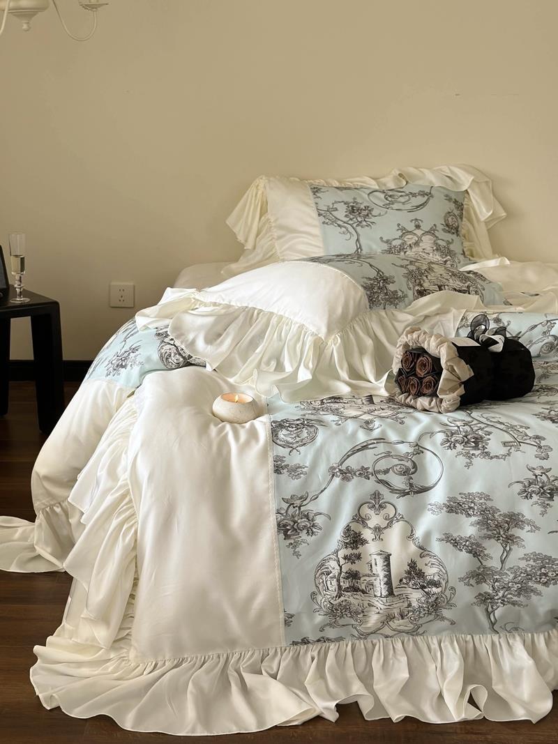 Duvet Cover Set Vintage Toile Satin Ruffled Trim
