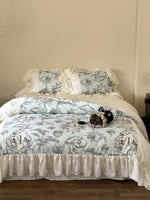 Duvet Cover Set Vintage Toile Satin Ruffled Trim