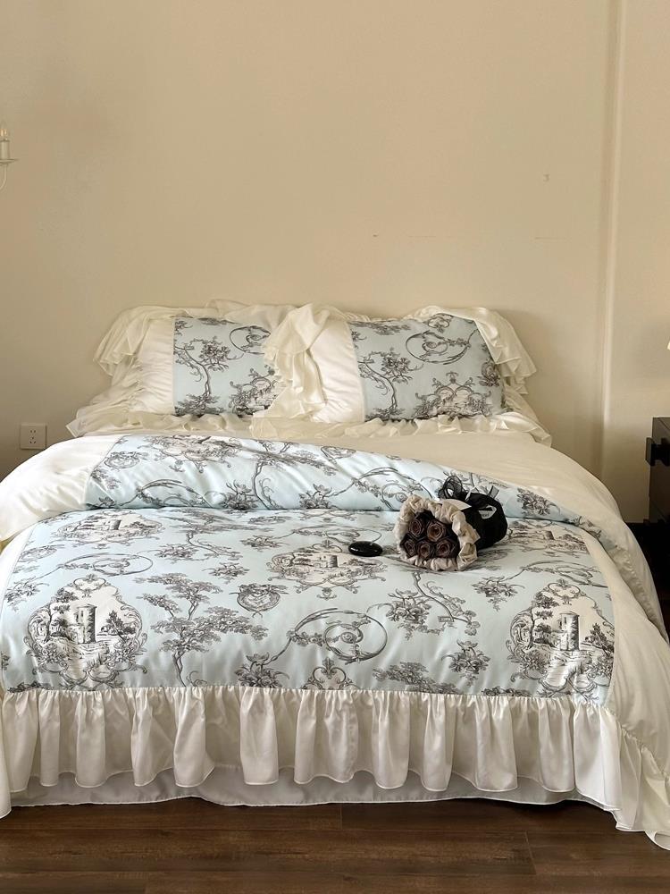Duvet Cover Set Vintage Toile Satin Ruffled Trim