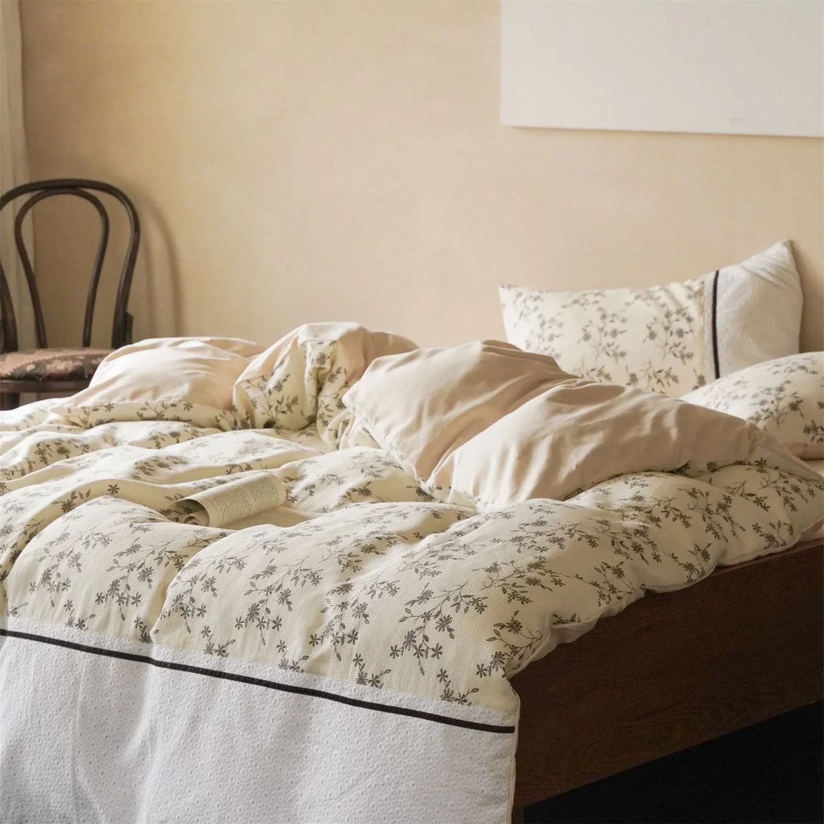 Duvet Cover Set Waffle Cotton Floral Print Four-Piece