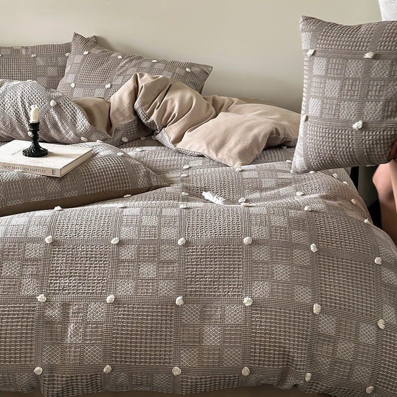 Duvet Cover Set Waffle Texture & Pompom Trim