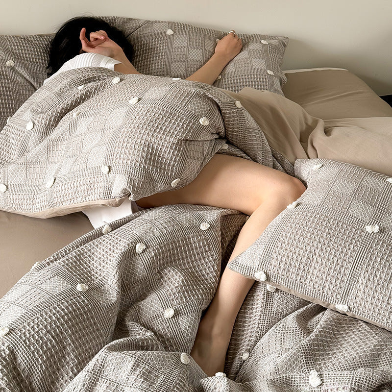 Duvet Cover Set Waffle Texture & Pompom Trim